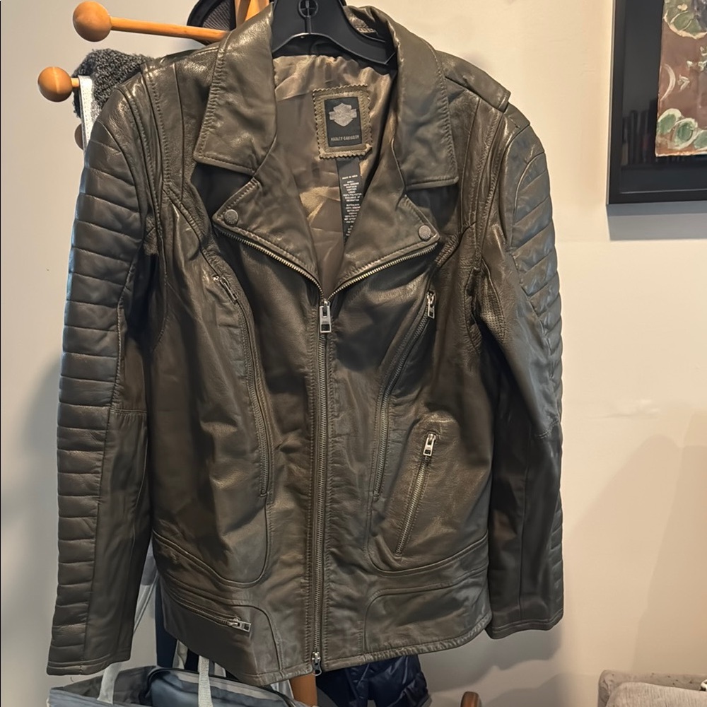 Harley-Davidson Green Leather Jacket Asymmetrical Moto Style